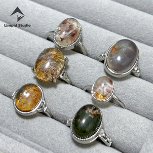 Limpid一物一图天然幽灵水晶半银戒指开口可调节绿幽灵莫奈幽灵