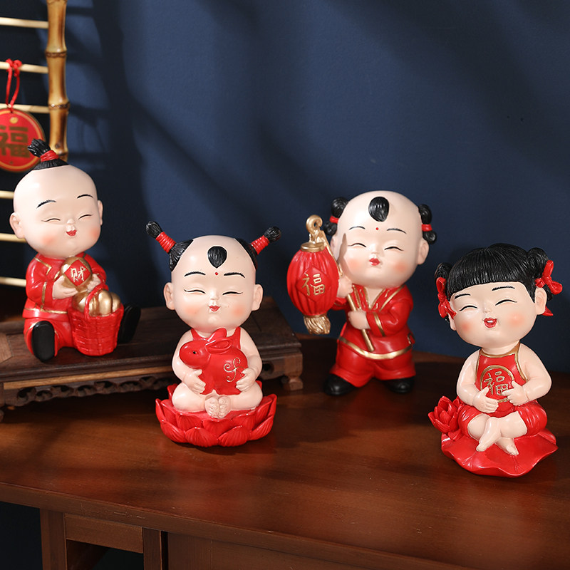2023春节新年装饰送福童子福娃客厅中国风桌面摆件过年工艺品道具