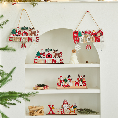 圣诞节装饰品木质圣诞树挂件创意老人雪人麋鹿字母牌彩色礼包雪花