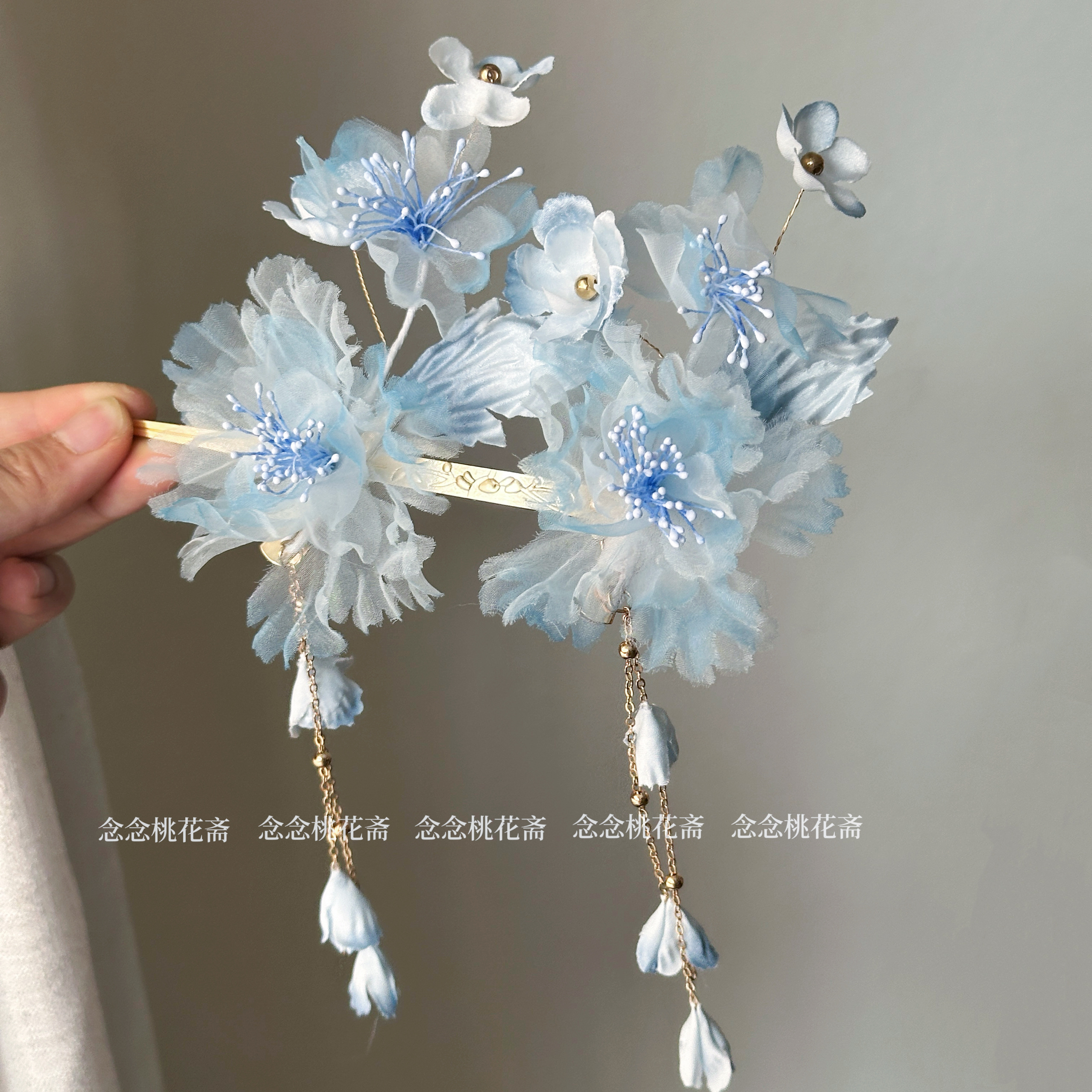 古风蓝色绢花发夹仙气儿童头饰女