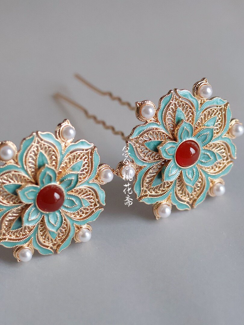 【南清】仿点翠复原宝相团花u钗发钗烧蓝古唐风明制风汉服发饰女