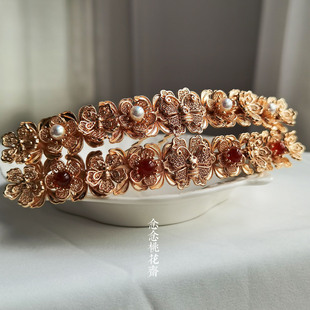 念念桃花玉楼春蜜蜂花托排簪发钗古风汉服婚礼发冠顶簪纯铜镀金