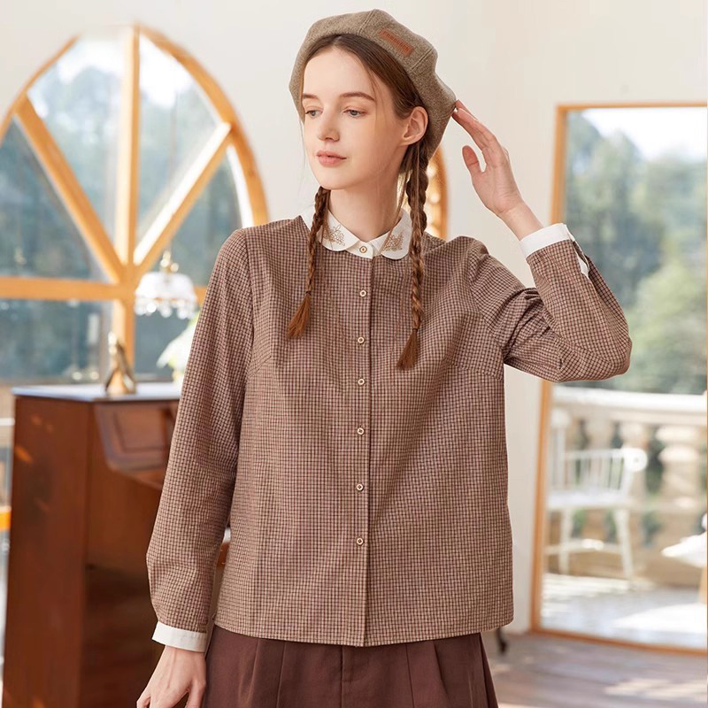 女式格子绣花正肩小众衬衫