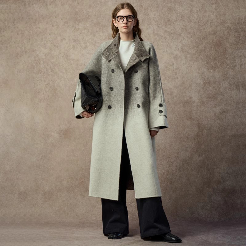 渐变高级感长款双面毛呢大衣外套