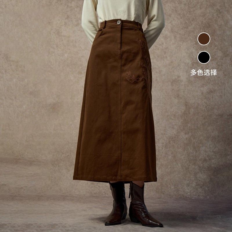 范可儿简约绣花纯棉直筒半身裙