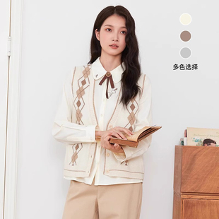 Famecoco复古学院风菱格纹短款 针织马夹V领开身马甲叠穿FAB6CA030