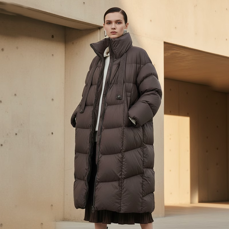 Famecoco范可儿休闲宽松立领长款防风羽绒服高充绒量FAD8AH109