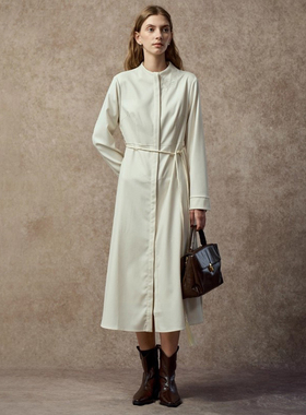 Famecoco优雅通勤气质立领收腰连衣裙杏色极简衬衫裙FAC8FA014