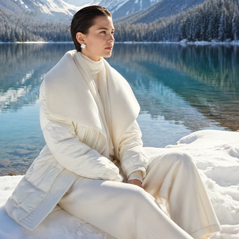 Famecoco高级感大翻领毛呢假两件鹅绒服中长款保暖外套FAD8AD103