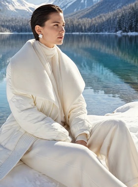 Famecoco高级感大翻领毛呢假两件鹅绒服中长款保暖外套FAD8AD103