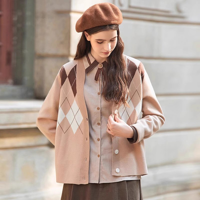 复古v领菱格针织开衫外套