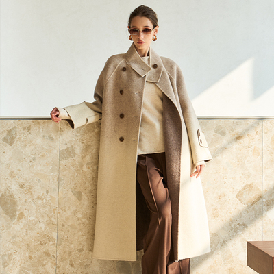 渐变高级感长款双面毛呢大衣外套
