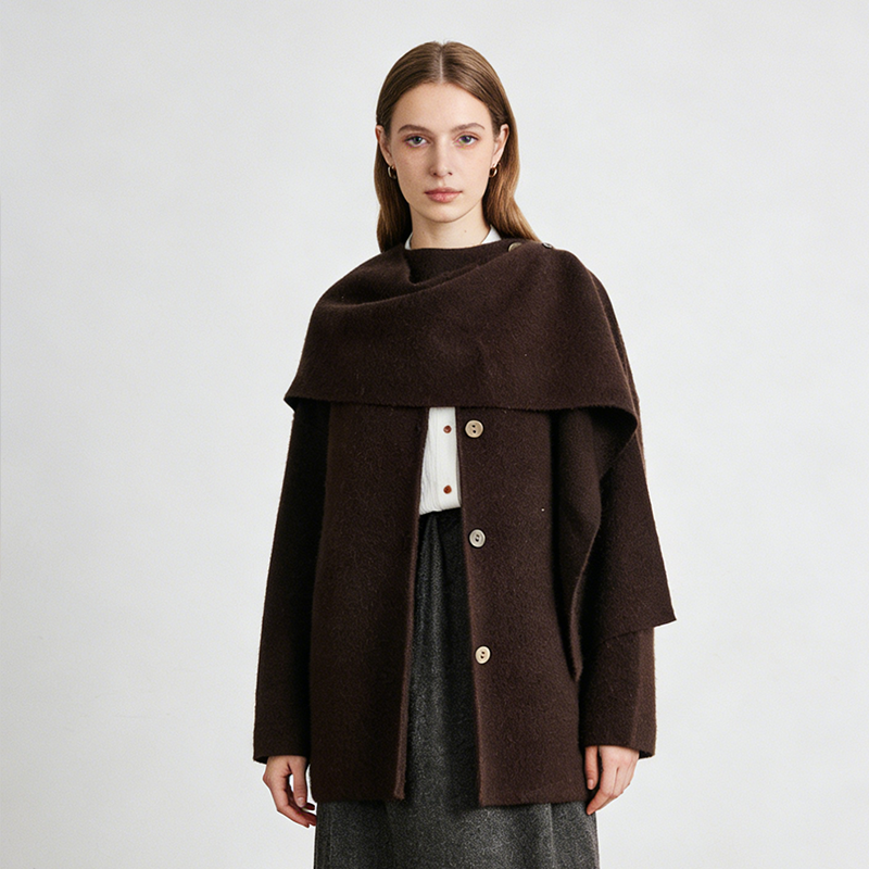 Famecoco范可儿设计感围巾领开衫软糯羊毛针织外套短款FAD8AB107