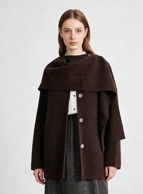 Famecoco范可儿设计感围巾领开衫软糯羊毛针织外套短款FAD8AB107