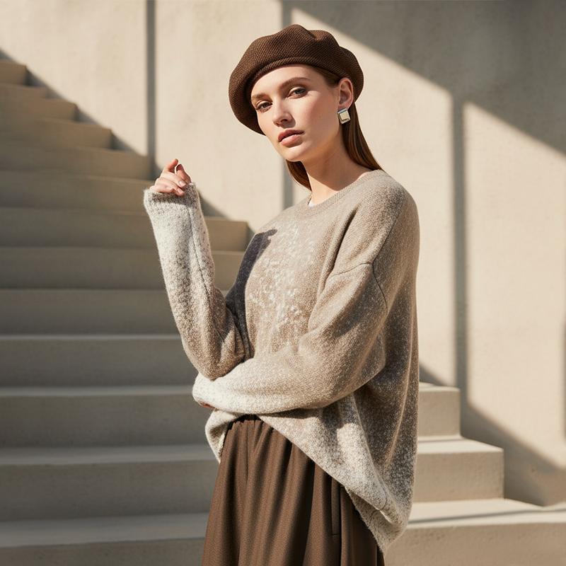 Famecoco范可儿时尚渐变套头毛衫高级山羊绒宽松打底衫FAD8DB124