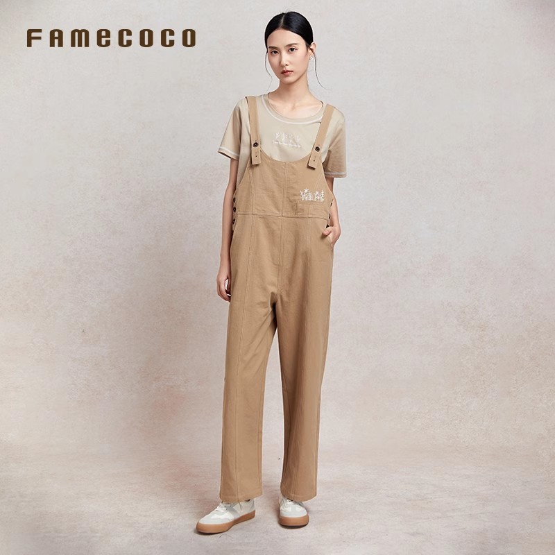 famecoco植物刺绣休闲背带裤