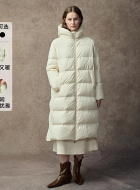 Famecoco裸感轻盈白鸭绒过膝长款连帽羽绒服保暖锁温FAC8AH018