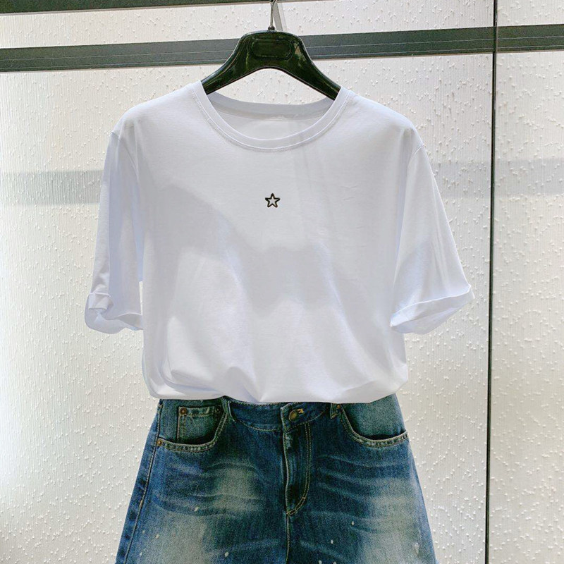 阿玛施旗舰店官网2020冬季新款短袖T恤女刺绣花星星纯色丝光纯棉