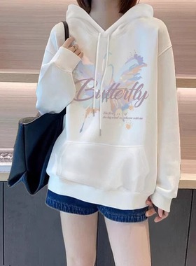 白色纯棉连帽卫衣女2025秋冬季新款爆款宽松慵懒风外套中长款上衣