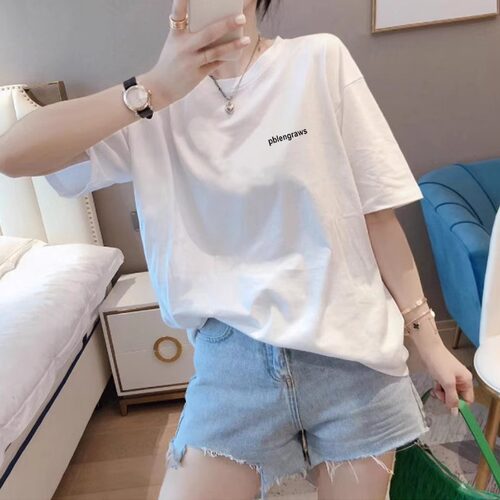 白色纯棉短袖t恤女宽松遮肚上衣