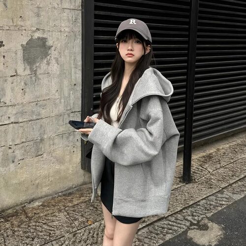 纯棉灰色连帽卫衣女开衫拉链外套