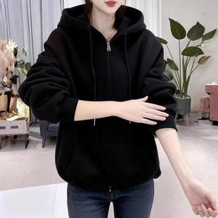 加绒连帽开衫欧美风oversize卫衣女士超火秋冬男友风拉链黑色外套