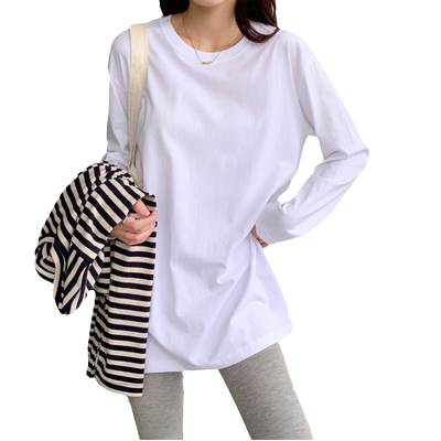 高级感白色长袖纯棉T恤女中长款