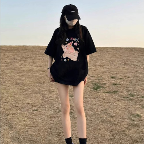 小象短袖黑色t恤女纯棉美式上衣
