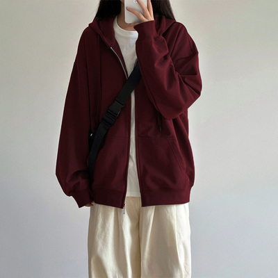 安可拉酒红色连帽卫衣女拉链外套