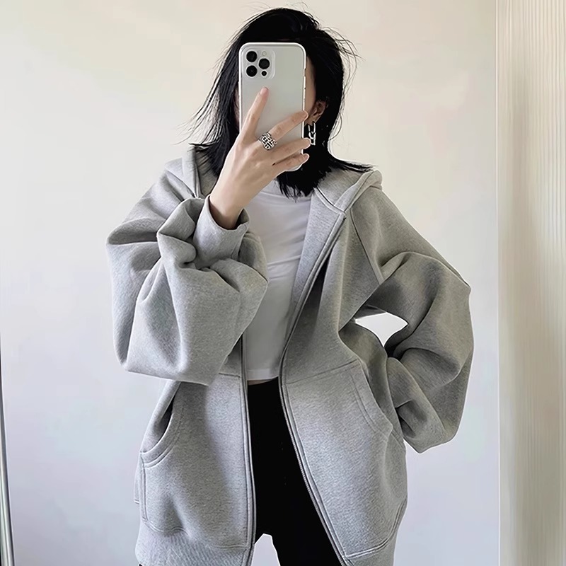灰色纯棉卫衣女即墨开衫拉链外套