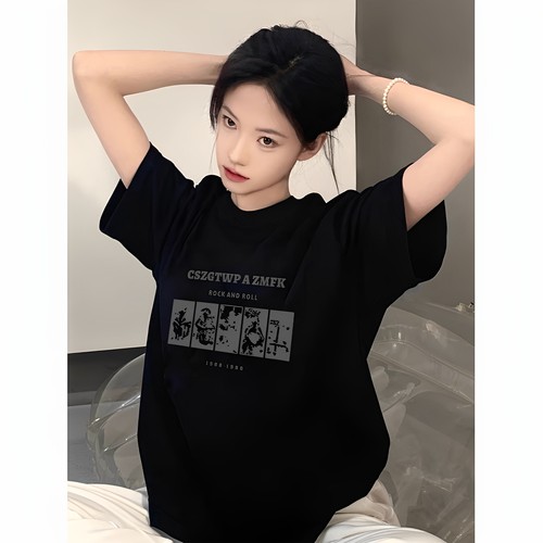 黑色纯棉短袖t恤女宽松半袖上衣