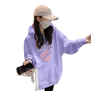 连帽纯棉卫衣女秋冬新款紫色慵懒风宽松休闲外套加绒加厚口袋上衣