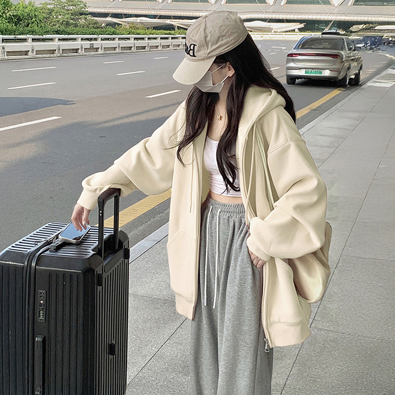 秋冬季chic拉链外套oversize加绒连帽卫衣女2026新款杏色宽松上衣