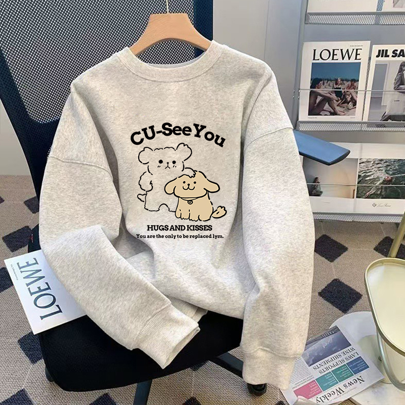 灰色圆领卫衣女宽松大码加绒上衣