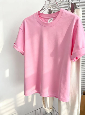 欧货奶油粉红色短袖t恤女2025夏季新款宽松纯棉圆领休闲百搭纯色
