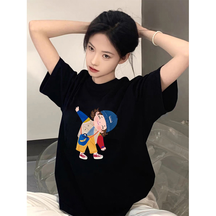 纯棉黑色短袖女t恤宽松休闲上衣