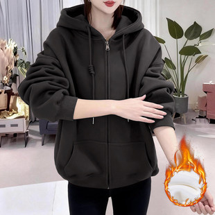 欧美风oversize连帽加绒胖mm超好看卫衣女拉链大码上衣开衫外套潮