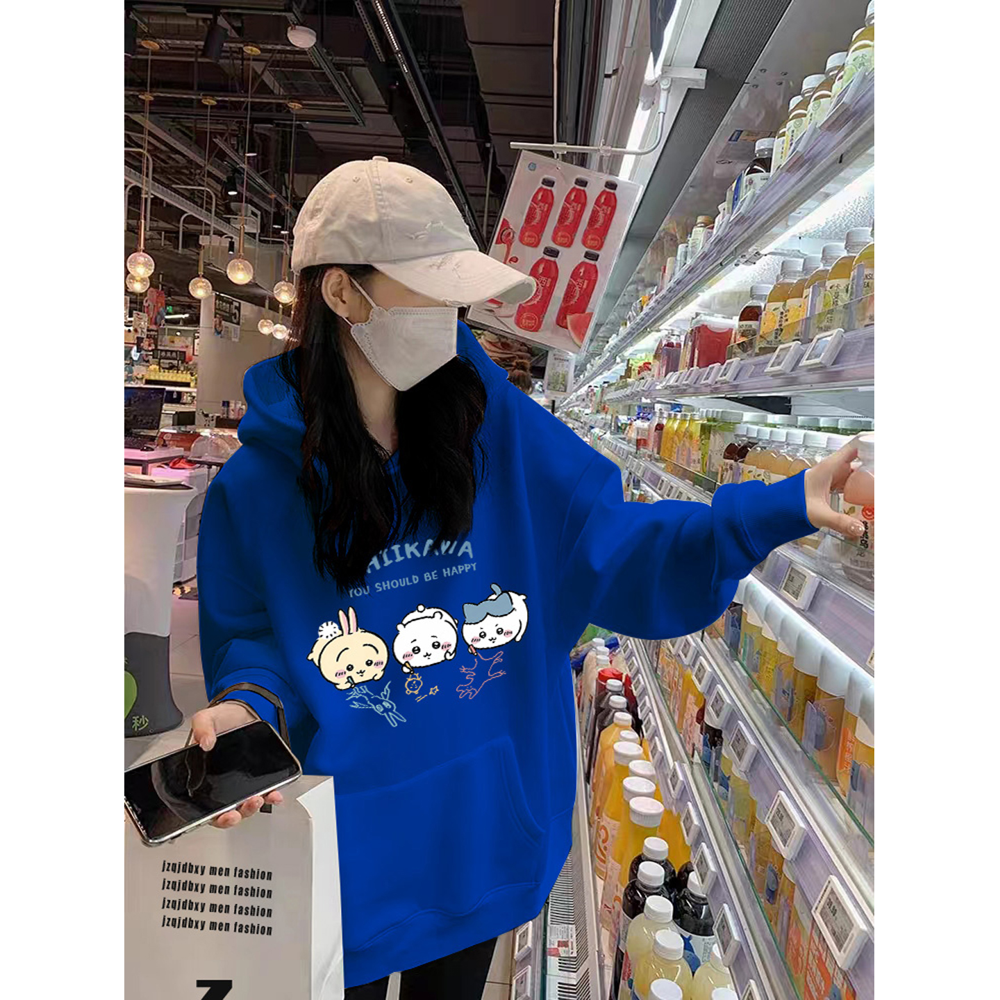 克莱因蓝连帽卫衣胖mm加绒外套潮