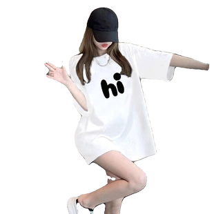 黑色t恤女短袖遮屁股中长款遮臀大码宽松字母纯棉上衣女士半袖夏