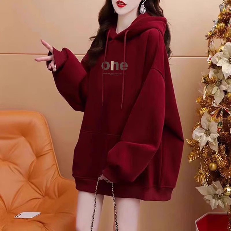 酒红色新年连帽卫衣女加绒外套潮