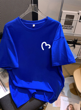 克莱因蓝纯棉短袖t恤女2025夏装新款宽松大码体恤白色半袖上衣潮