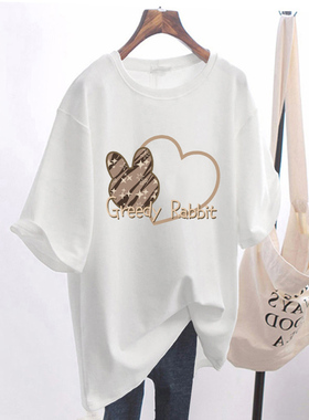 夏季大码胖mm纯棉白色中长款短袖T恤女遮屁股洋气宽松大版上衣isn