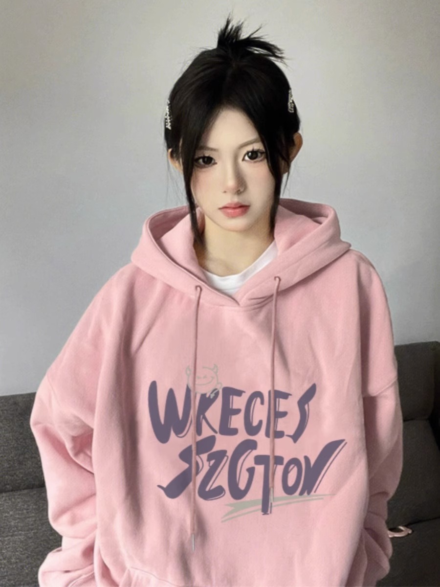 粉色纯棉卫衣女连帽宽松外套上衣