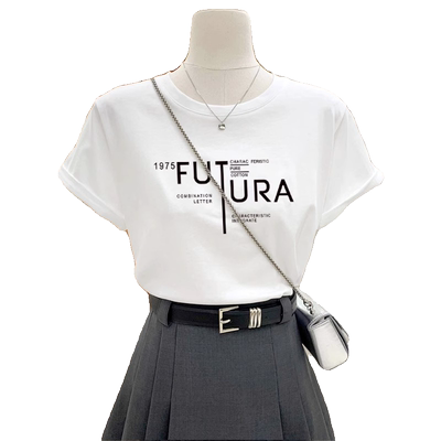 正肩纯棉短袖T恤女ins潮白色上衣