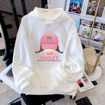 白色连帽纯棉卫衣女加绒加厚外套