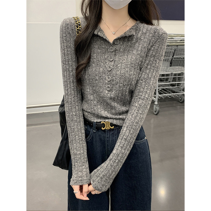 灰色单排扣V领针织衫女春秋修身软糯坑条毛衣内搭洋气打底衫上衣