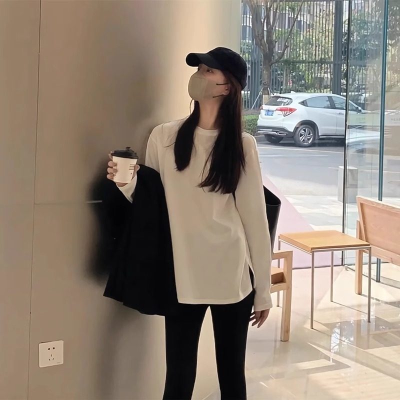 纯棉白色长袖T恤女春秋冬新款卫衣叠穿内搭打底衫配鲨鱼裤的上衣