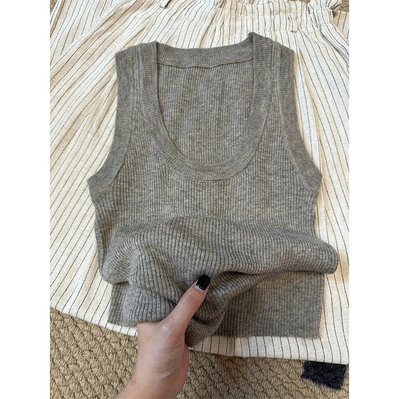 韩版灰色针织吊带背心女U领修身显瘦工字背心打底衫坎肩西装内搭