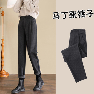 裤 子九分烟管裤 女秋冬新款 梨型身材配马丁靴裤 哈伦裤 灰色毛呢西装