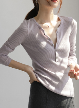 气质浅紫色半开领针织打底衫女内搭修身亨利衫长袖t恤上衣0127z1